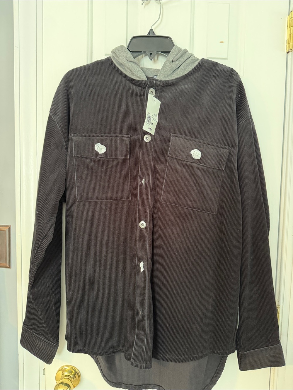 NWT Forever 21 black Men's Corduroy Button-Up Jacket with Gray Hood